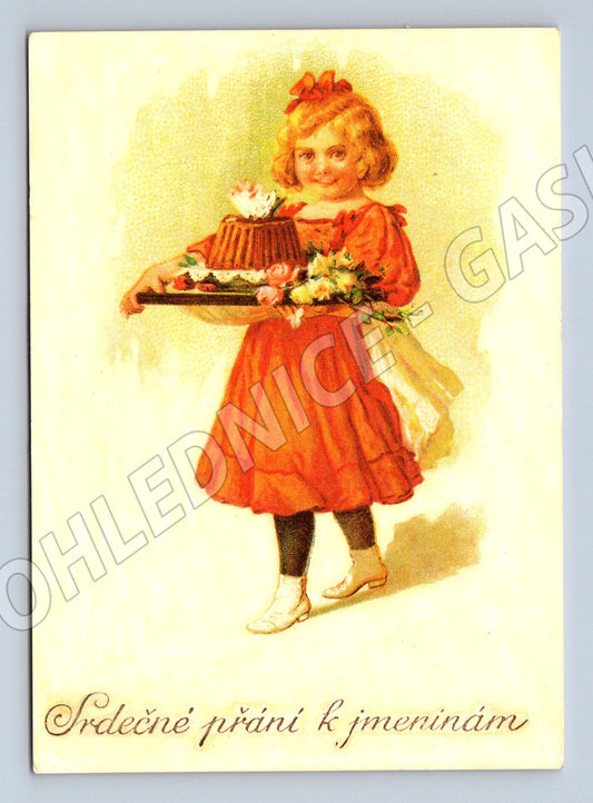 Pohlednice přání k jmeninám dívka s dortem (M9901)