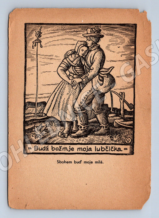 Etnografická pohlednice rozloučení milenců (M9903)