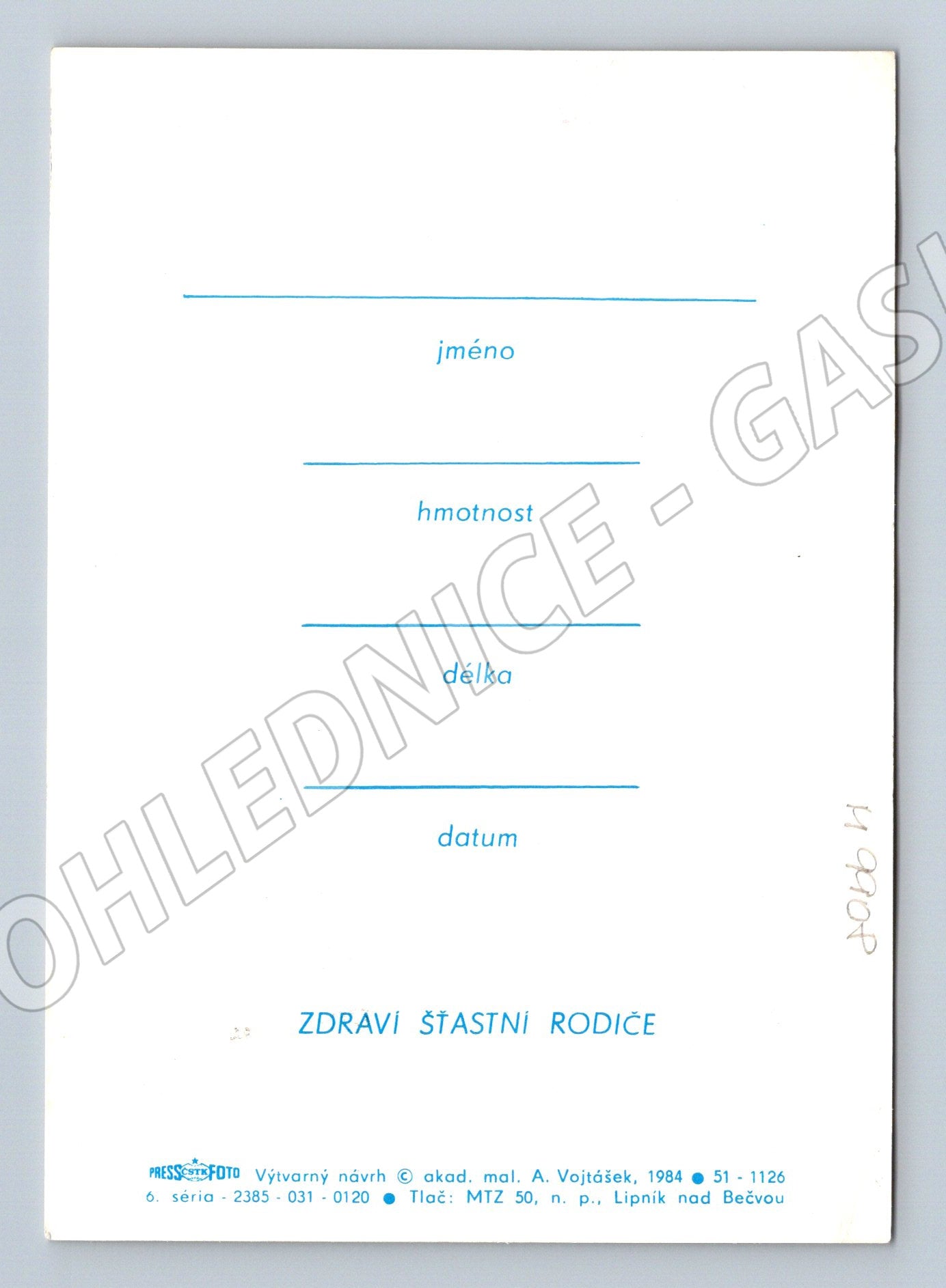 Retro pohlednice k narození dítěte ČSSR A Vojtíšek (M9908)