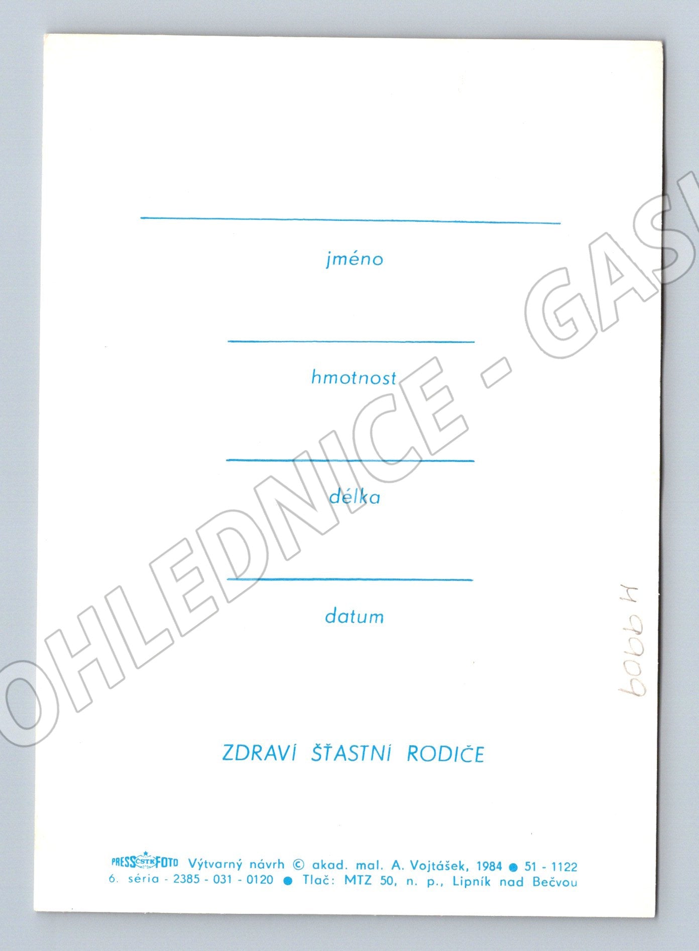 Pohlednice oznámení narození dítěte A Vojášek (M9909)