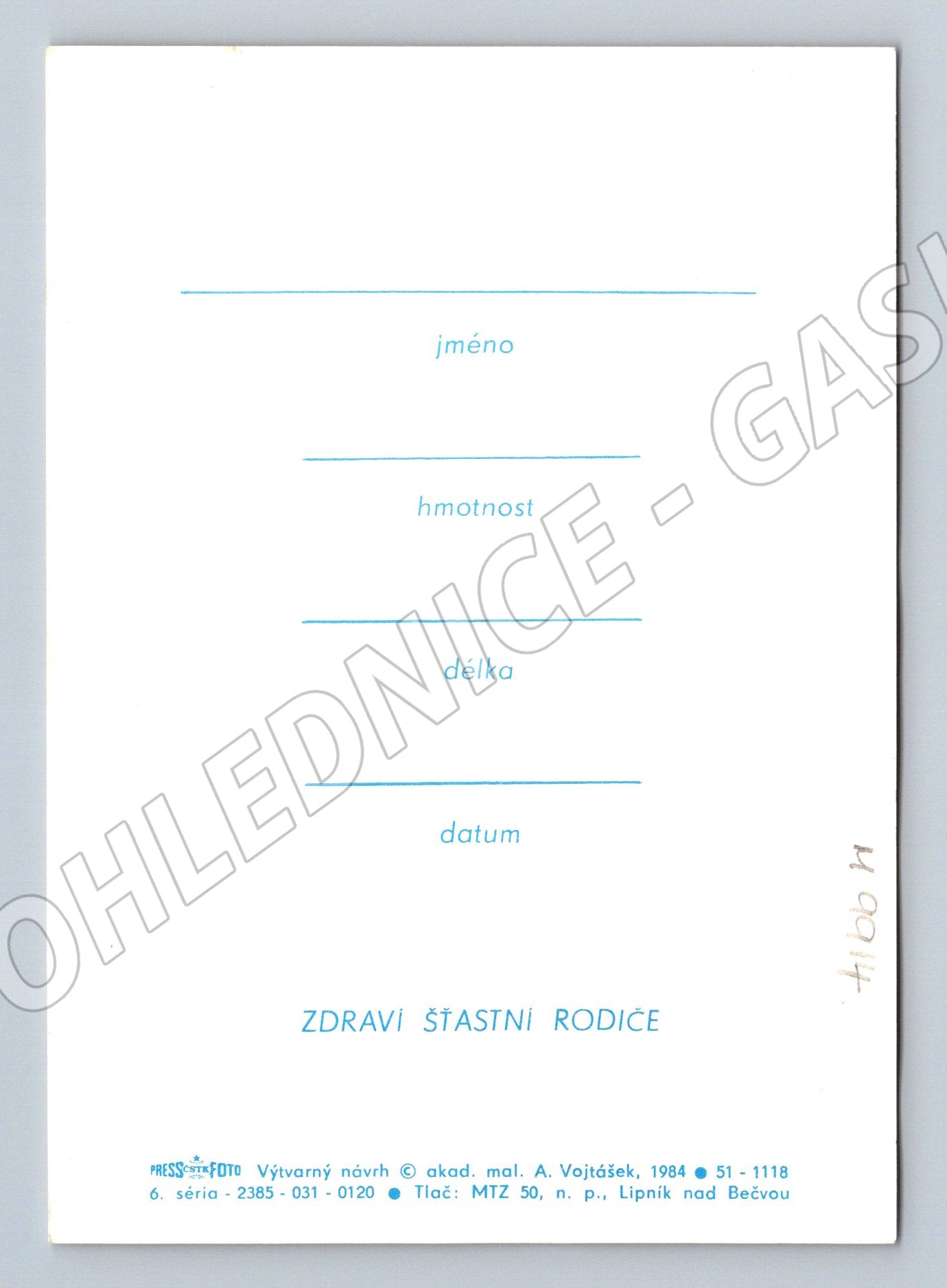 Pohlednice narození dítěte Zdraví šťastní rodiče (M9914)