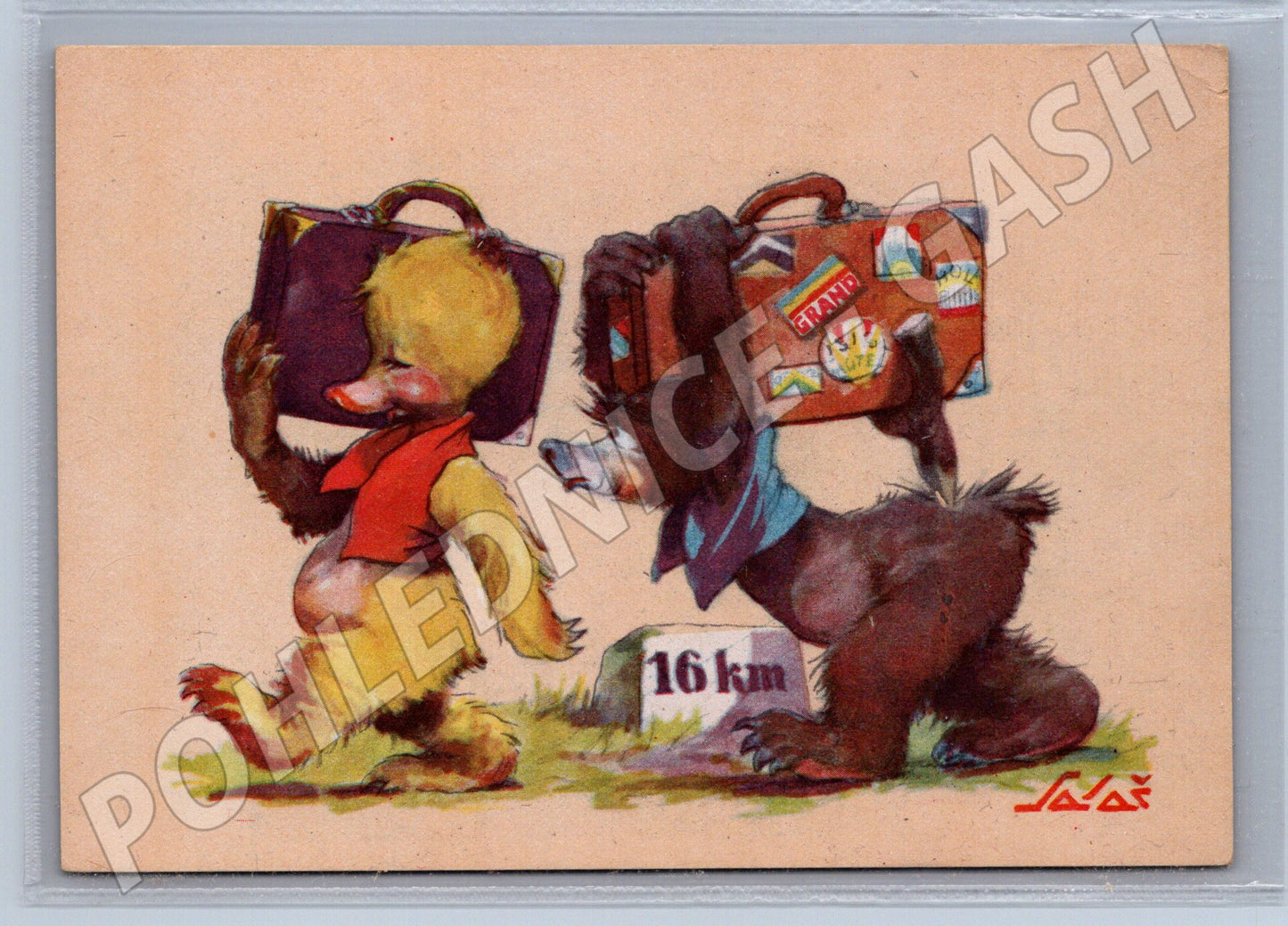 Cheerful postcard duck and dog on the road (M9920)