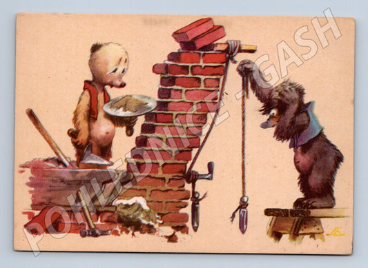 Kreslená pohlednice zvířátka stavějí zeď humor (M9922)