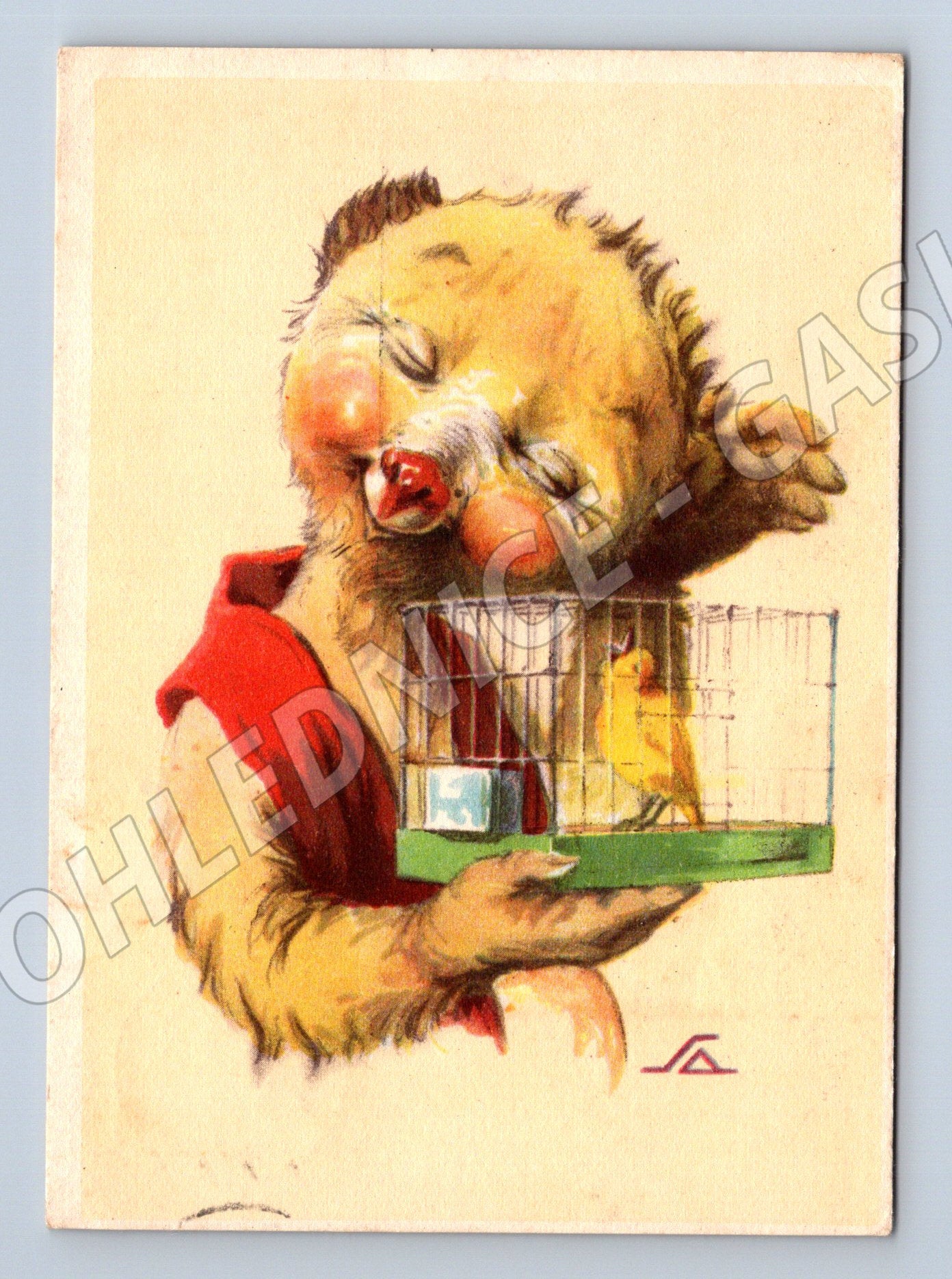 Postcard dog with birdcage humor Germany (M9925)