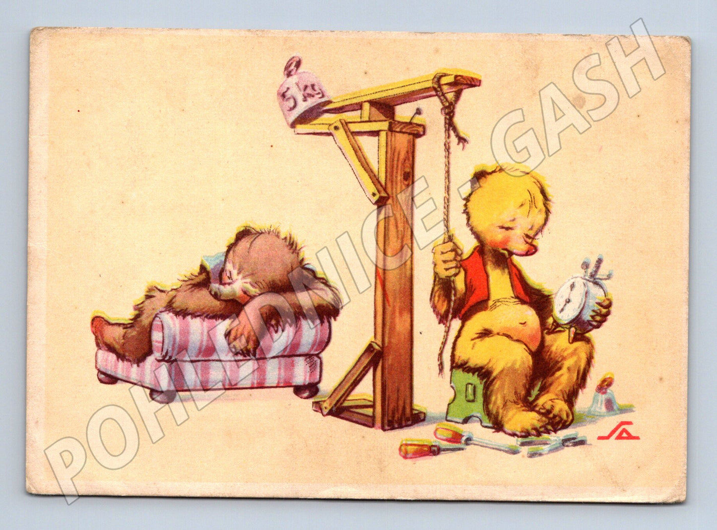 Older postcard with teddy bears and alarm clock, cartoon (M9926)