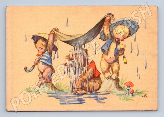 Kreslená pohlednice medvídci v dešti ilustrace (M9927)