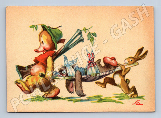 Pohlednice zajíc a medvěd kreslená zvířata (M9929)