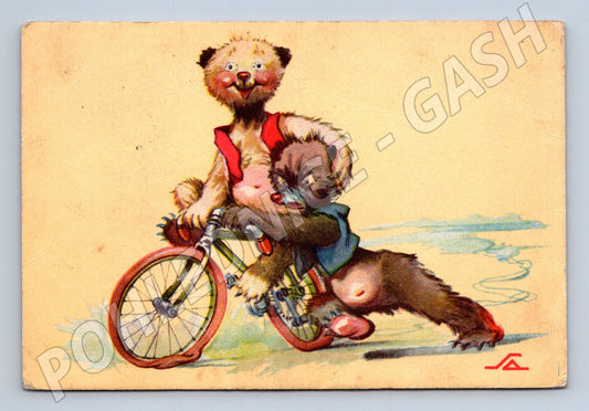Starobylá pohlednice veselý motiv medvědů na kole (M9933)