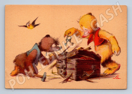 Roztomilá pohlednice medvídek pes a ptáček (M9935)