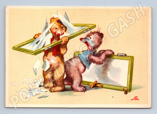 Veselá pohlednice dva psi a rozbité zrcadlo (M9936)