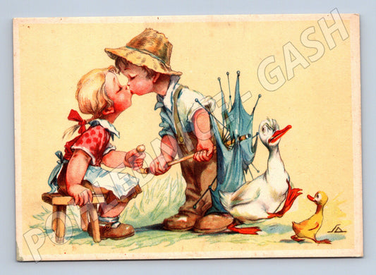 Retro pohlednice děti husy a housátko venkov (M9940)