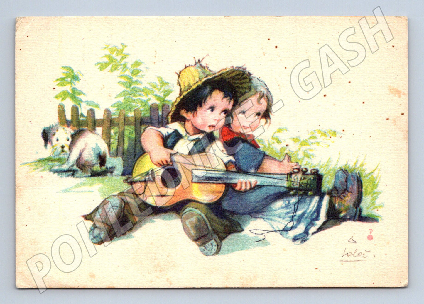 Illustrated postcard children with guitar painting (M9947)