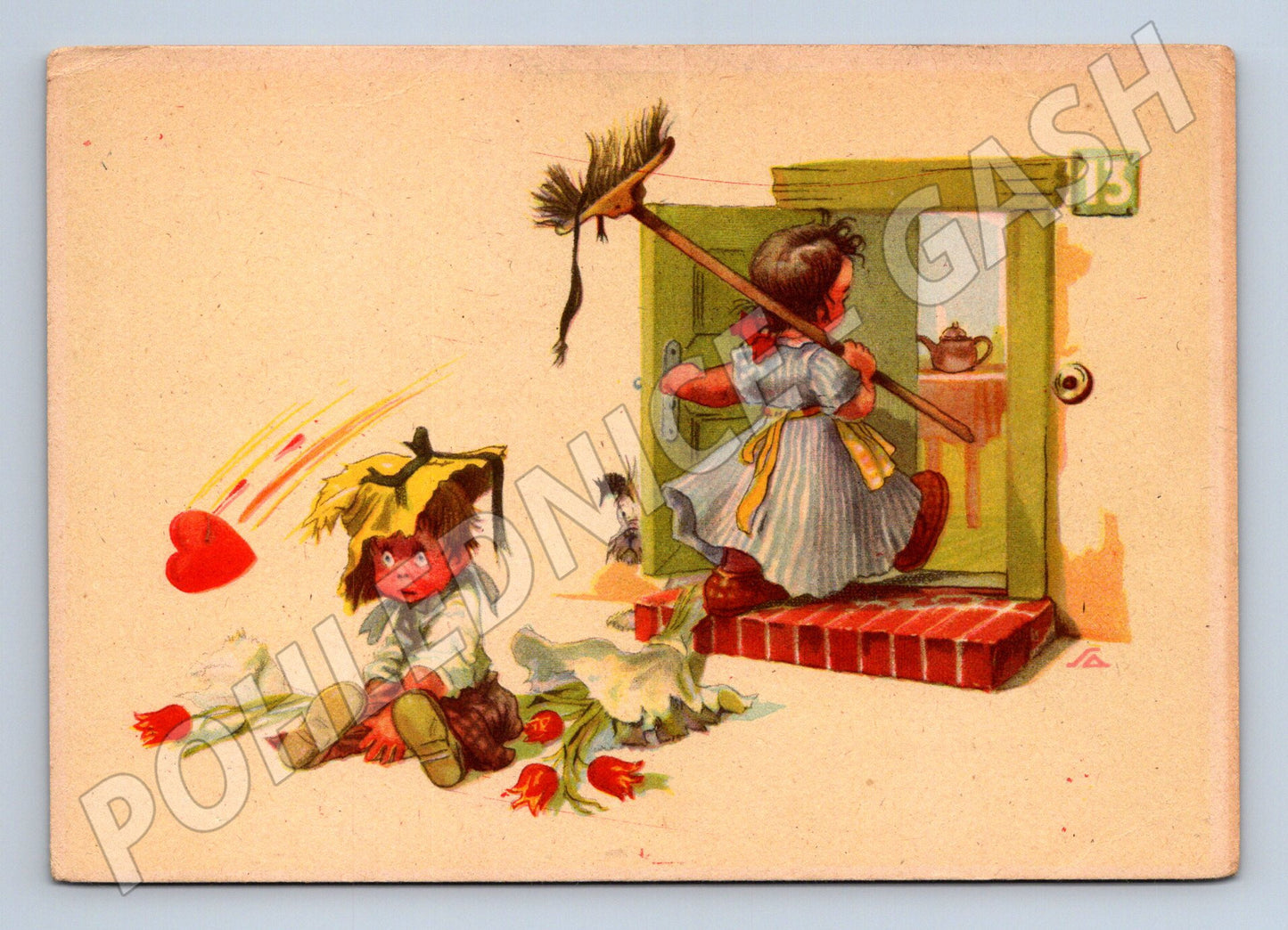 Humorous postcard girl with broom boy flowers (M9949)