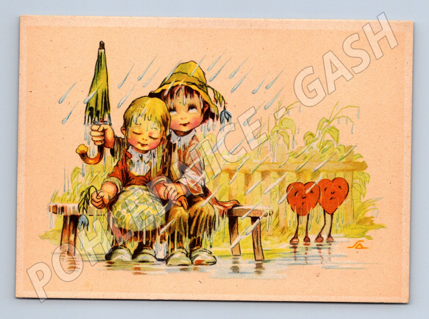 Painted postcard children in the rain of friendship (M9952)