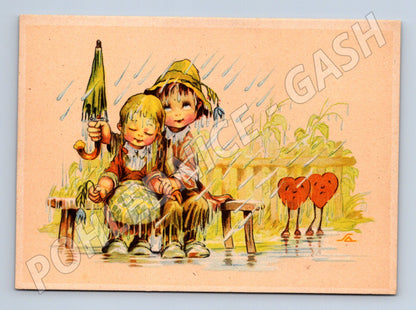 Painted postcard children in the rain of friendship (M9952)