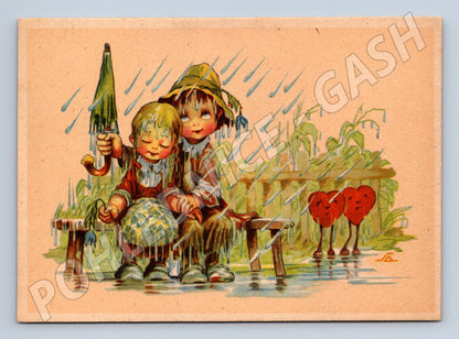 Antique postcard painted children in the rain (M9953)