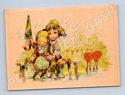 Painted postcard children in the rain illustration (M9955)