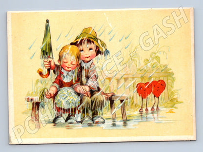 Postcard children in the rain with an umbrella, unused (M9958)