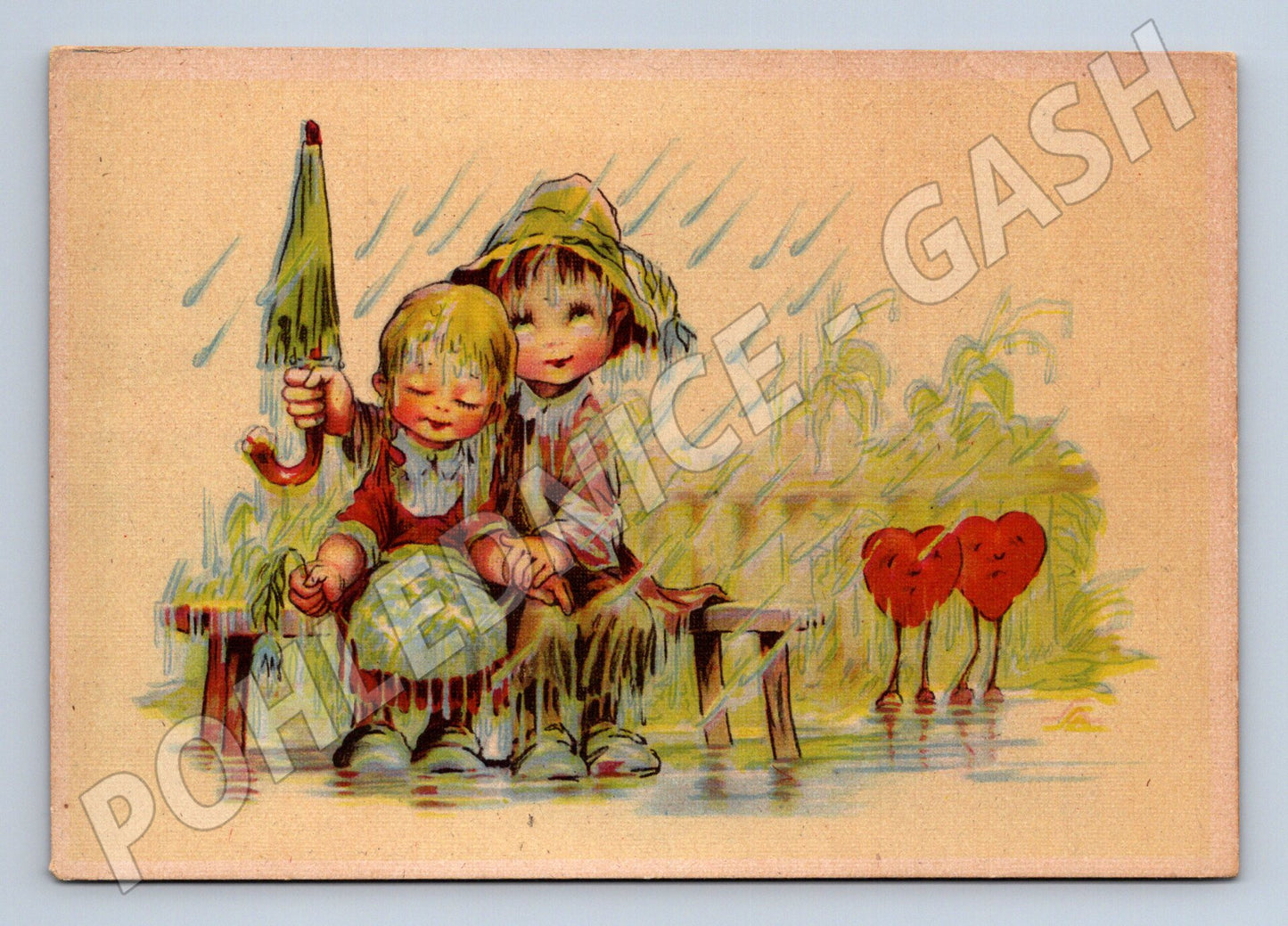 Pohlednice dvě děti v dešti veselá ilustrace (M9959)