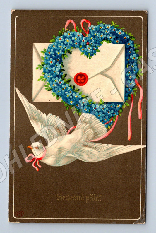Pohlednice Srdečné přání holubice věnec pomněnky (M9975)