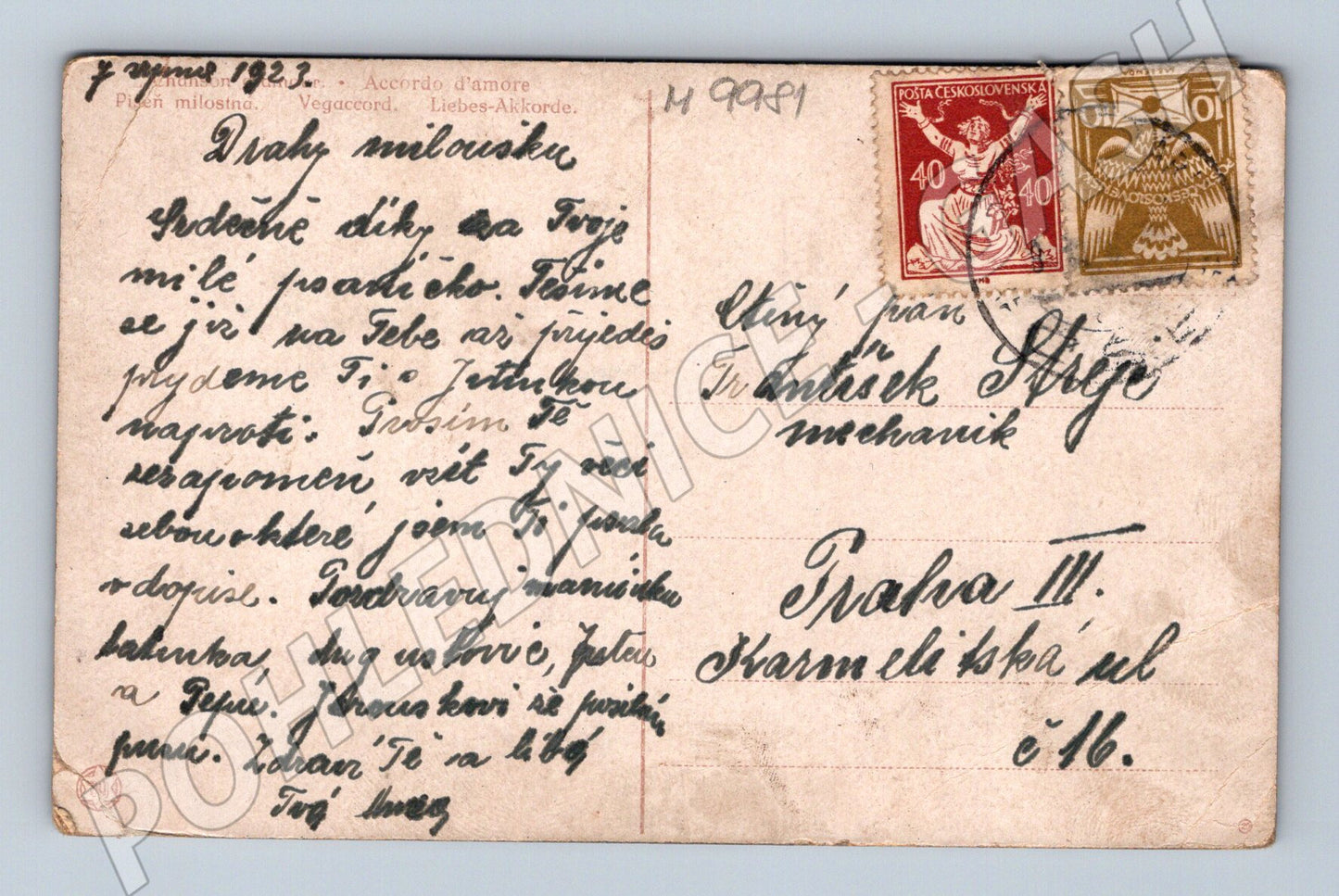 Pohlednice 1923 romantický motiv ČSR známky (M9981)