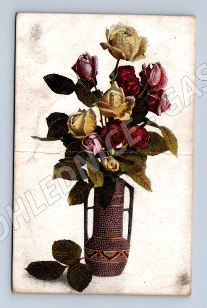 Postcard rose and vase Czechoslovakia small format (M9982)