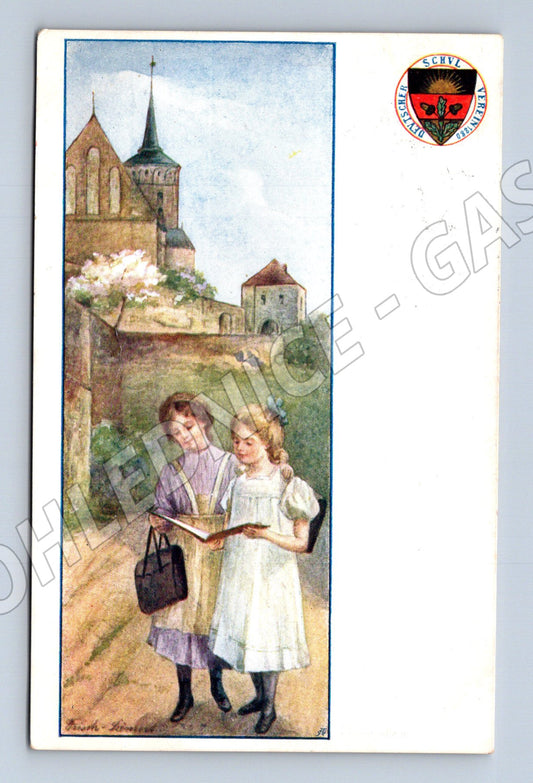 Pohlednice hrad a dívky RU kolorovaná (M9984)