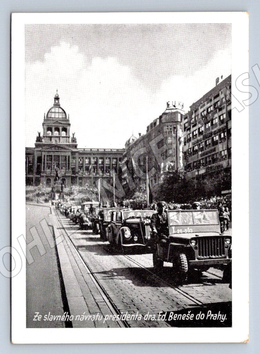 Pohlednice Praha návrat prezidenta Beneše armádní kolona (P1272)