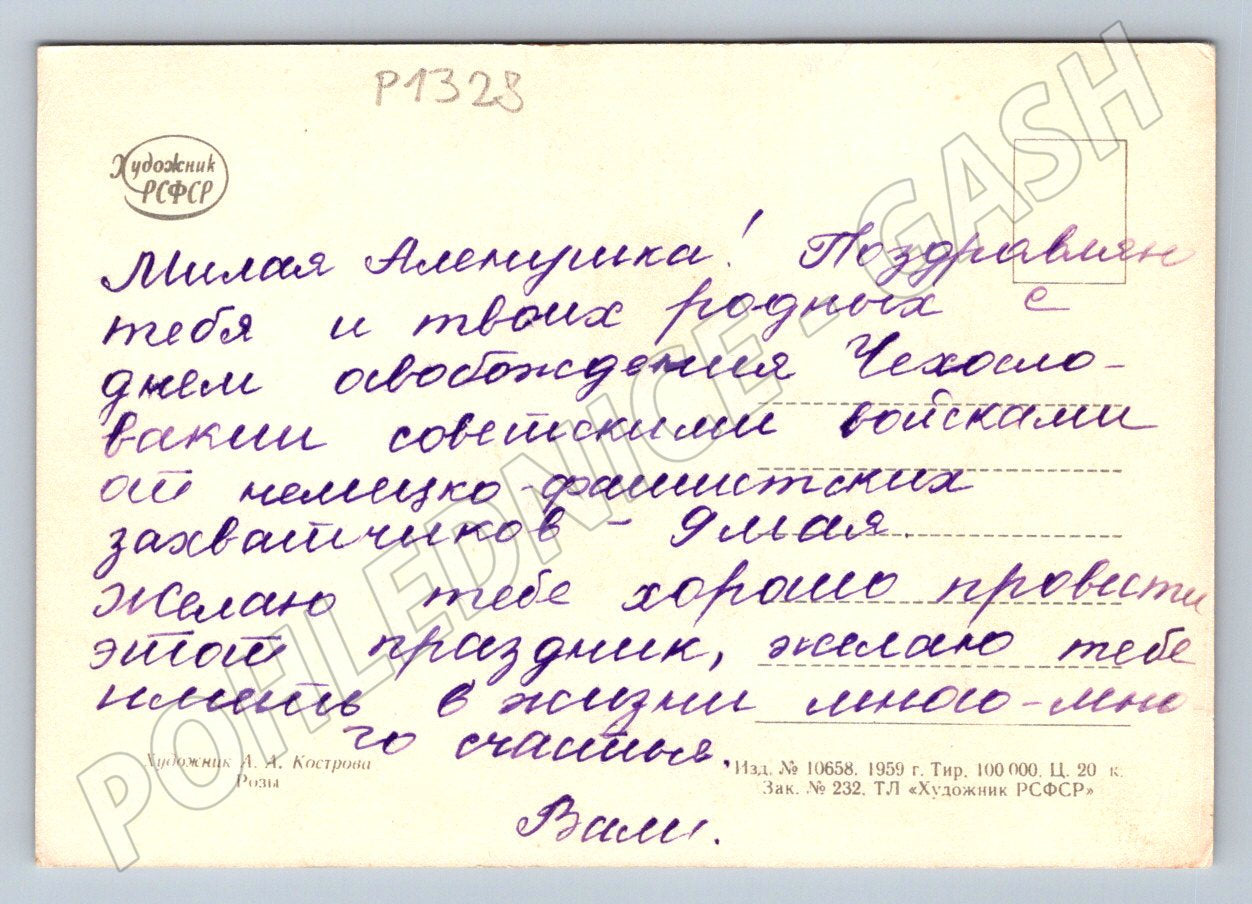 Pohlednice SSSR růže malířství A A Kostrov 1959 (P1328)