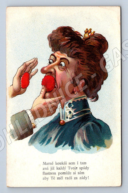 Pohlednice humorný malovaný motiv žena s bonbony(P1353)