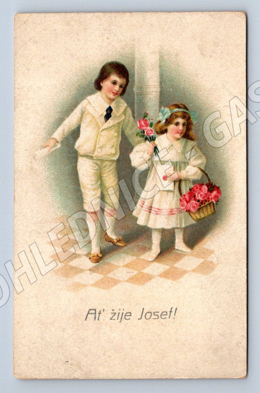 Pohlednice přání k svátku Ať žije Josef děti květiny (P1357)