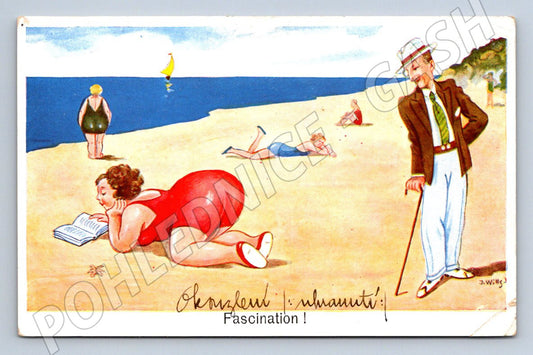 Pohlednice humorná karikatura pláž Fascination retro ilustrace (P1377)