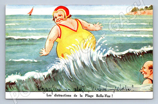 Pohlednice humorná Pláž Belle Vue retro kreslený motiv (P1378)