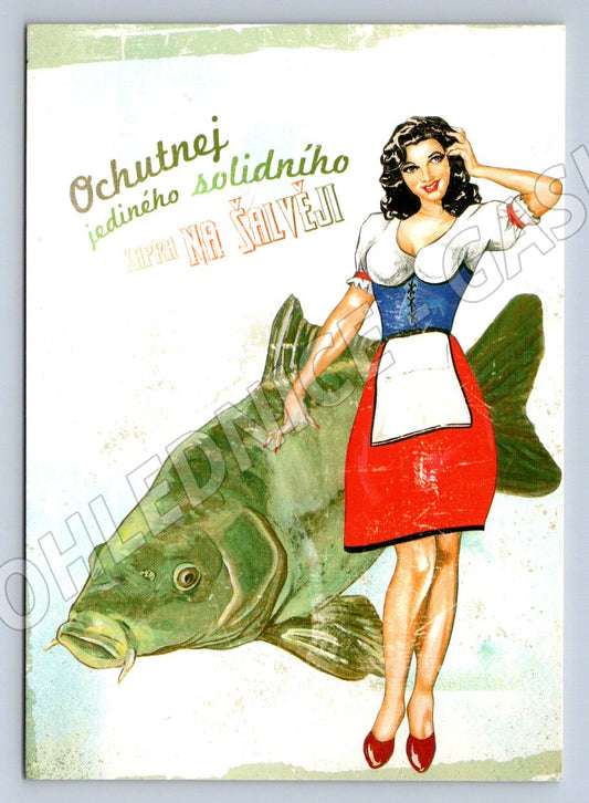Pohlednice recept Kapr na šalvěji originální ilustrace (P1393)