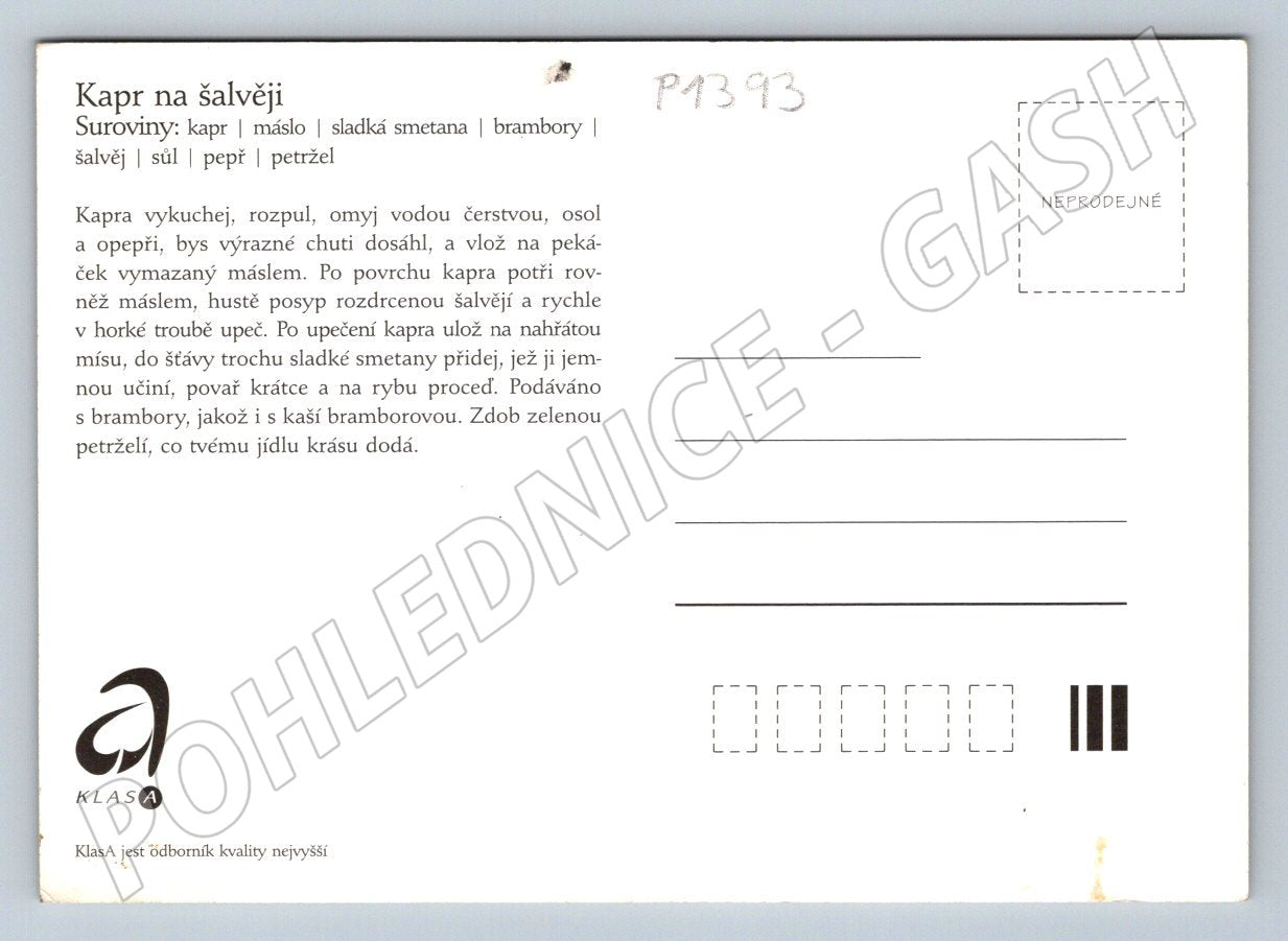 Pohlednice recept Kapr na šalvěji originální ilustrace (P1393)