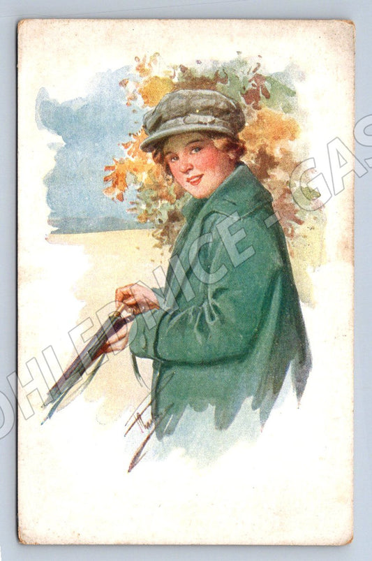 Pohlednice malovaná dívka s puškou (P1409)