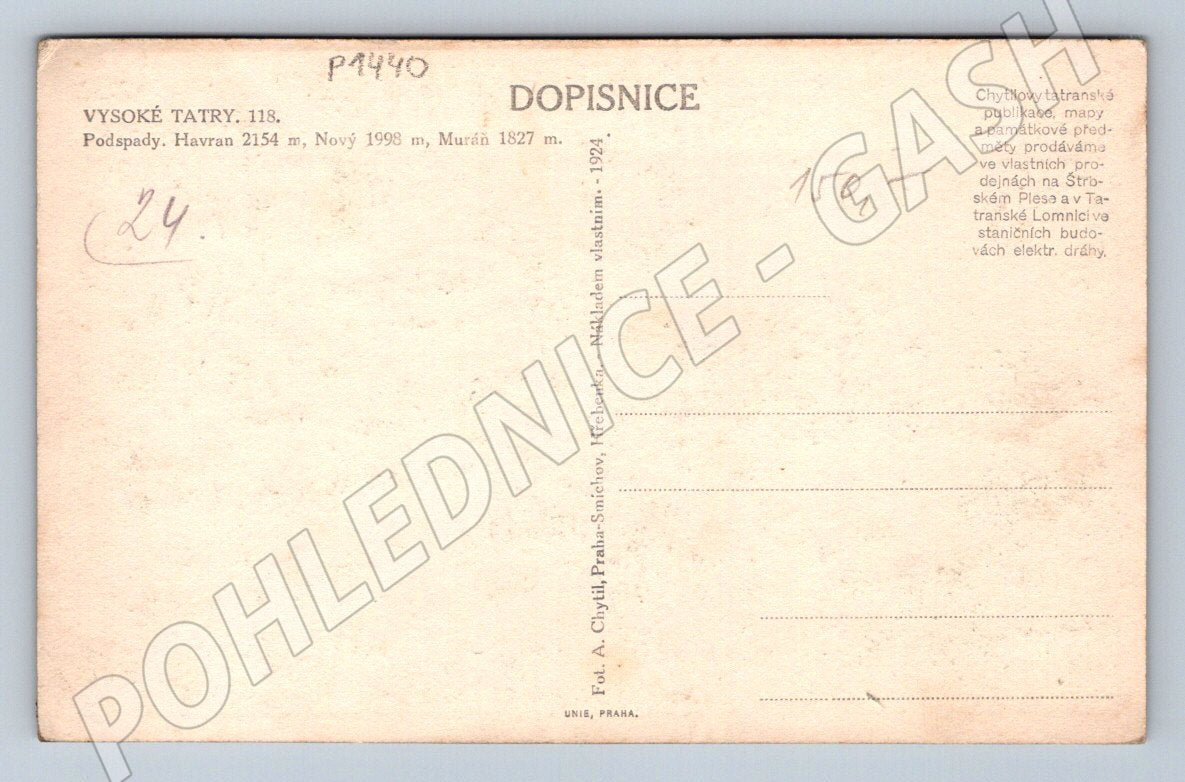Pohlednice Vysoké Tatry Podspady Havran 1924 ČR (P1440)