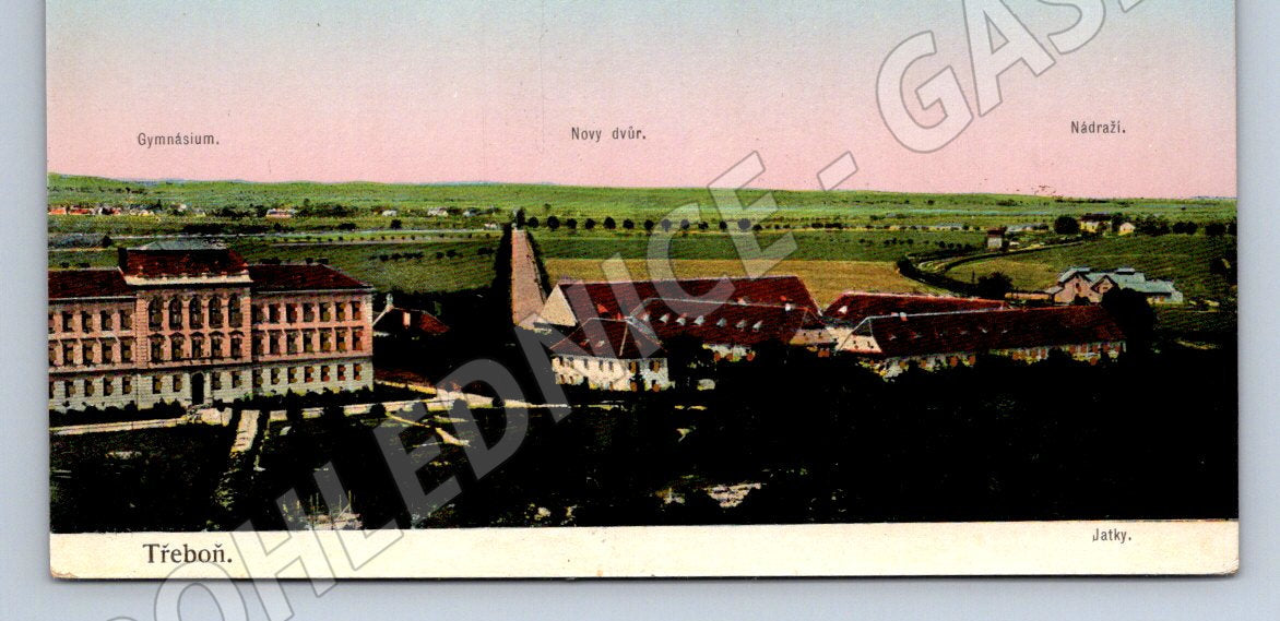 Pohlednice Třeboň gymnázium Nový dvůr nádraží 1911 (P1451)