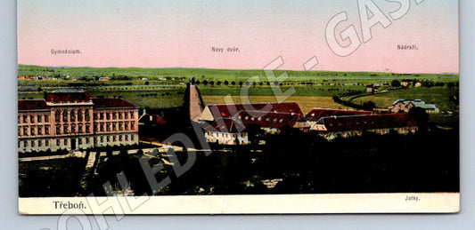 Pohlednice Třeboň gymnázium Nový dvůr nádraží 1911 (P1451)