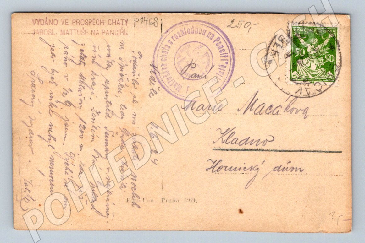 Pohlednice Šumava chata Jaroslava Mattuše na Pancíři 1924 (P1468)