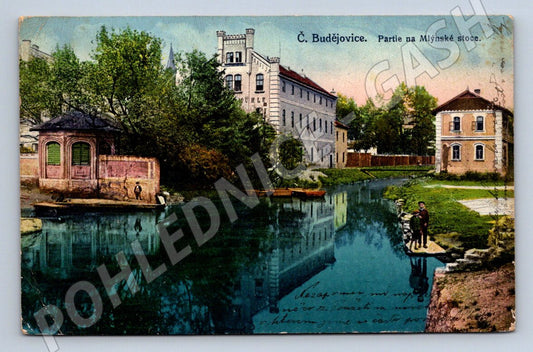 Pohlednice České Budějovice Mlýnská stoka kolorovaná 1908 (P1472)
