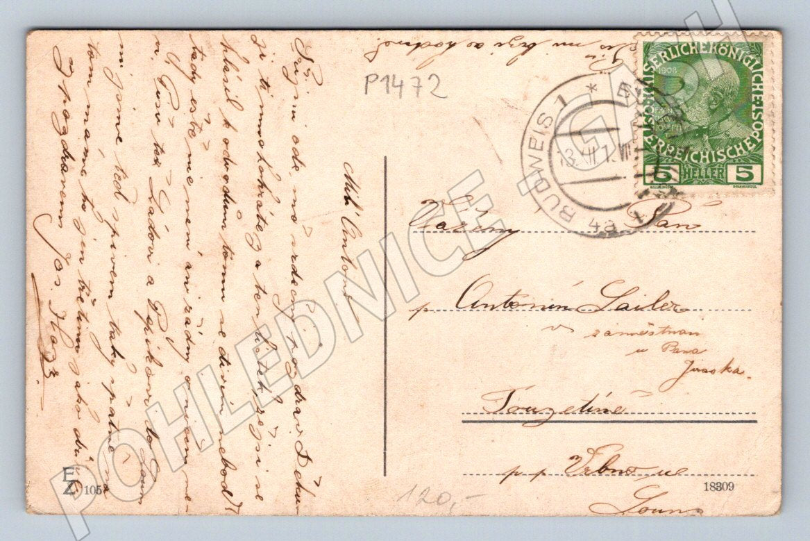 Pohlednice České Budějovice Mlýnská stoka kolorovaná 1908 (P1472)