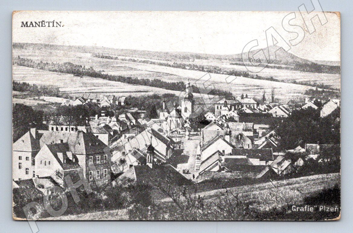 Pohlednice Manětín ČB pohled na město (P1484)