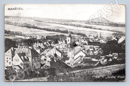 Pohlednice Manětín ČB pohled na město (P1484)