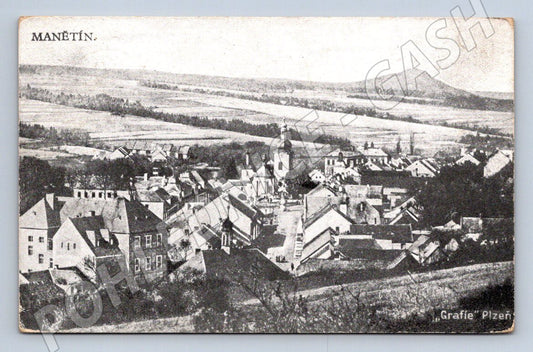 Pohlednice Manětín ČB pohled na město (P1484)