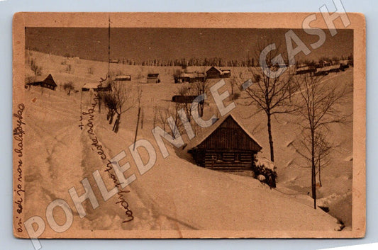 Pohlednice Krkonoše Luftkurort Rochlitz chalupa zimní (P1500)