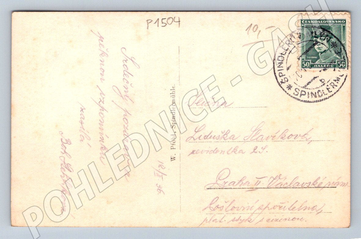 Pohlednice Špindlerův Mlýn zasněžený 1936 (P1504)