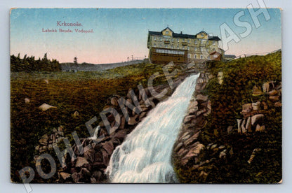 Pohlednice Krkonoše Labská bouda a vodopád 1933 (P1513)