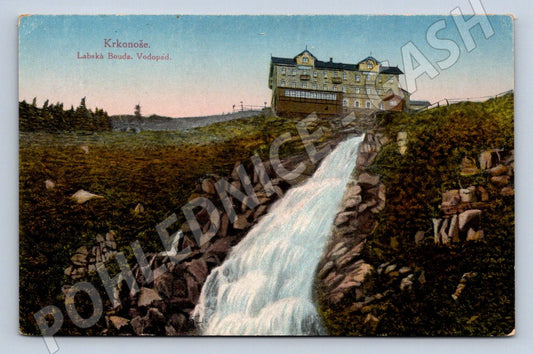 Pohlednice Krkonoše Labská bouda a vodopád 1933 (P1513)