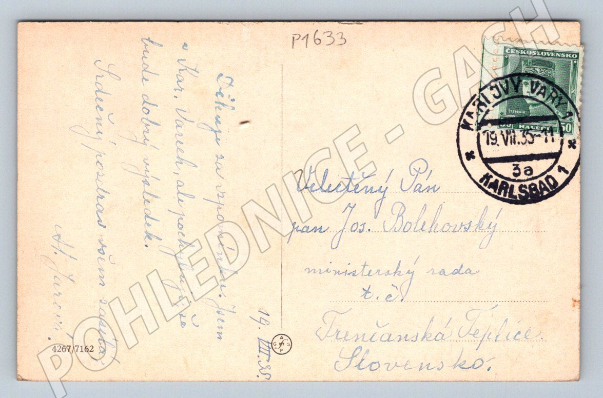 Pohlednice Karlovy Vary Mlýnská kolonáda 1935 (P1633)